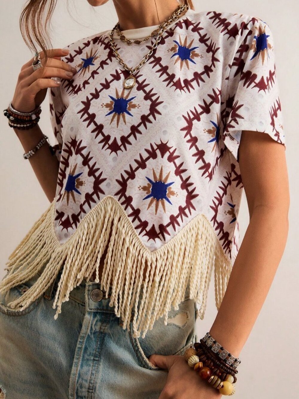 Multicolor Casual Women's Boho Geometric Print Fringe Short Sleeve Tee Top